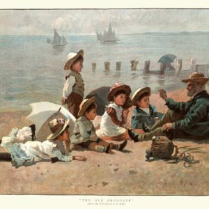 12 wir erzählen geschichten (ES) Vintage illustration after the painting by A W Rossi, The Old smuggler, sailor telling stories to children on the beach, Victorian seaside art 19th Century